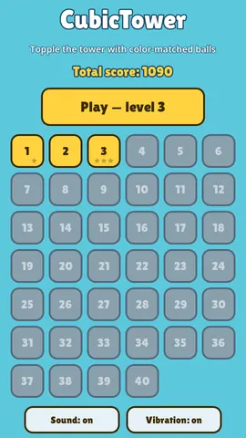 CubicTower — Level select: 40 levels with stars